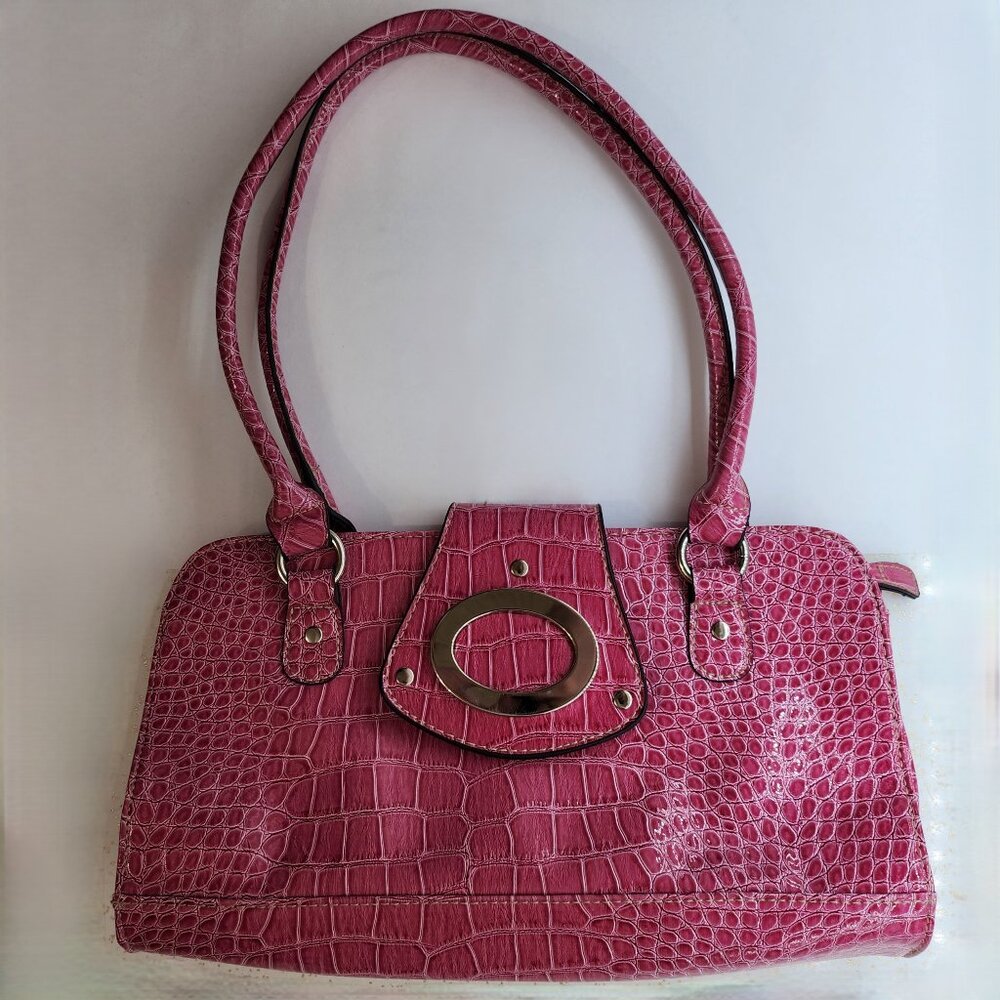 Y2K Pink Faux Croc Print Handbag With Buckle Feature